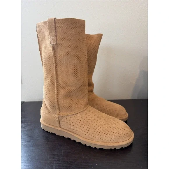 UGG Classic Tall Perforated Suede Boots Womens Size 9 Chestnut Summer